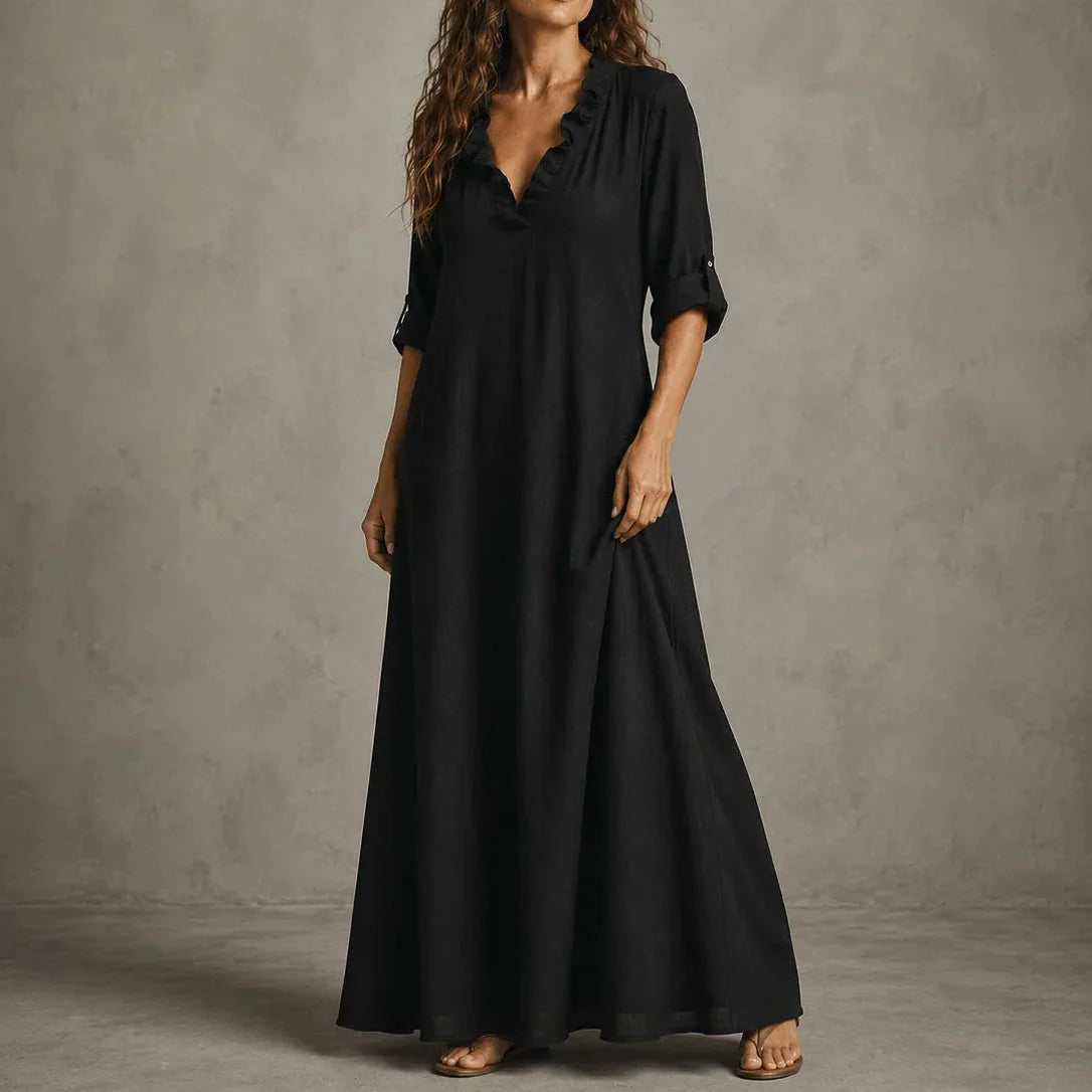 Soléra – Boho Ruffle V-Neck Maxi Dress with Roll-Up Sleeves
