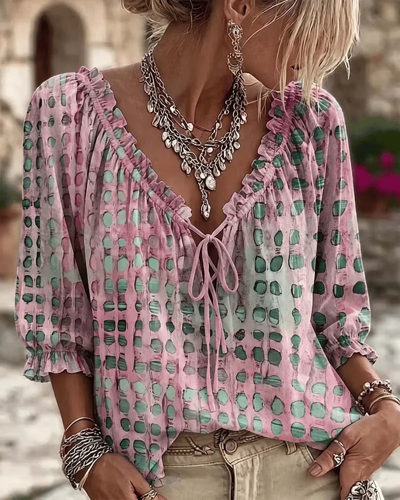 Araminta - Soft-Touch Lace-Up V-Neck Blouse