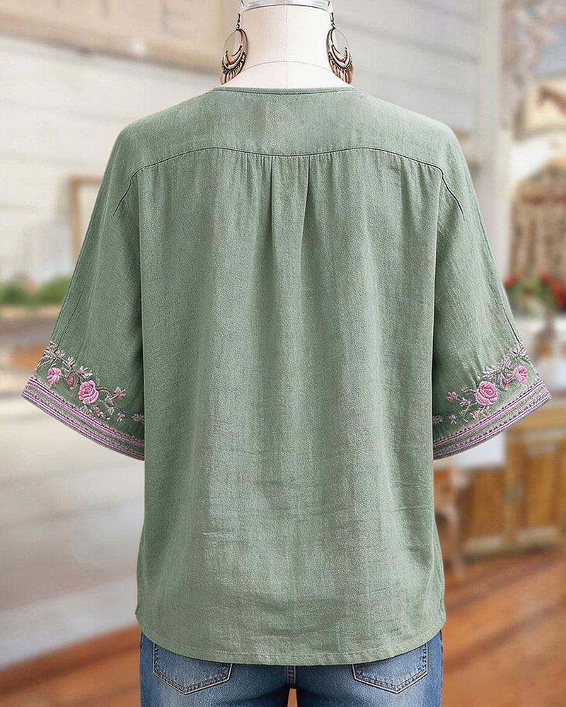 Sage | Floral Embroidery V-Neck Blouse