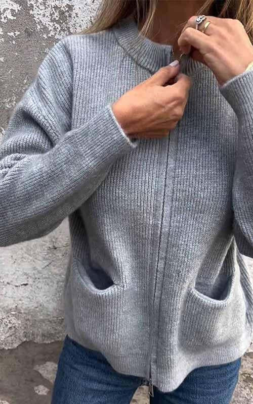Jane - Round Neck Zipper Knitted Jacket