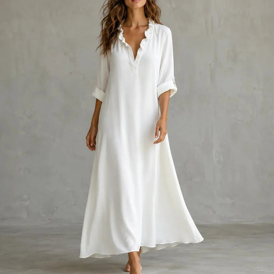 Soléra – Boho Ruffle V-Neck Maxi Dress with Roll-Up Sleeves