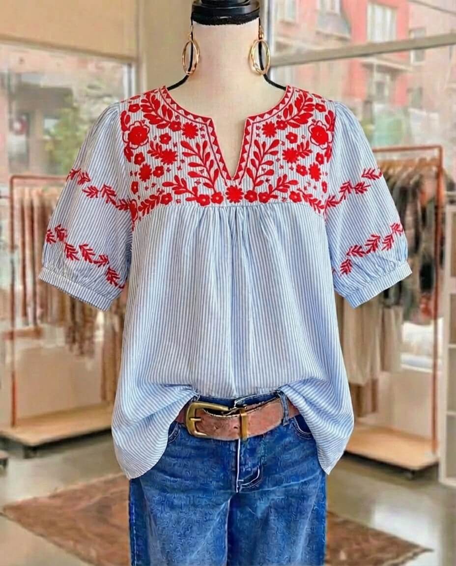 Elena | Floral Embroidery V-Neck Blouse