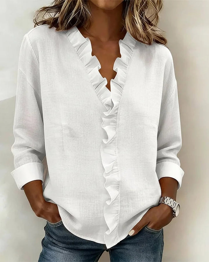 Brinae - Soft-Touch Long-Sleeve Ruffled V-Neck Blouse