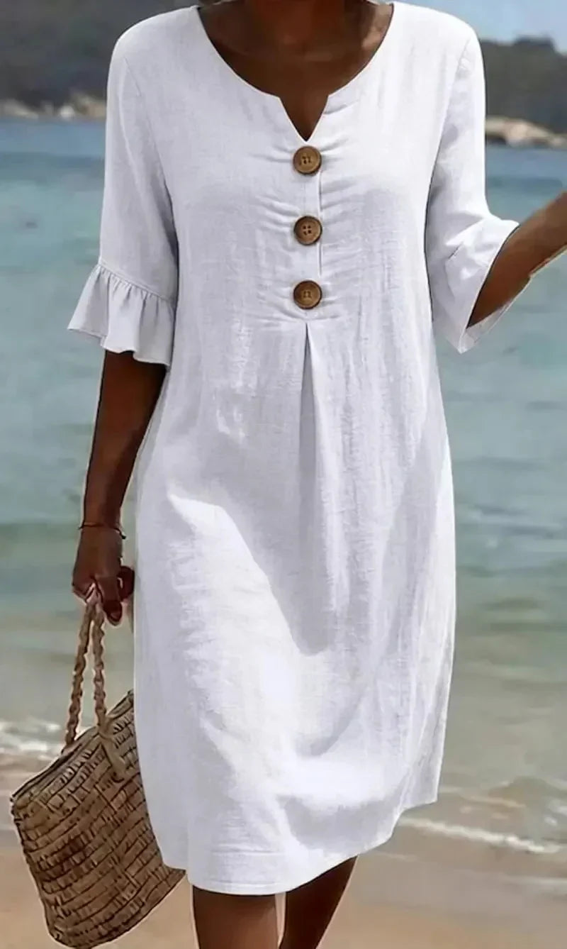 Vanesa | Linen dress with texture, puff sleeves, and buttons