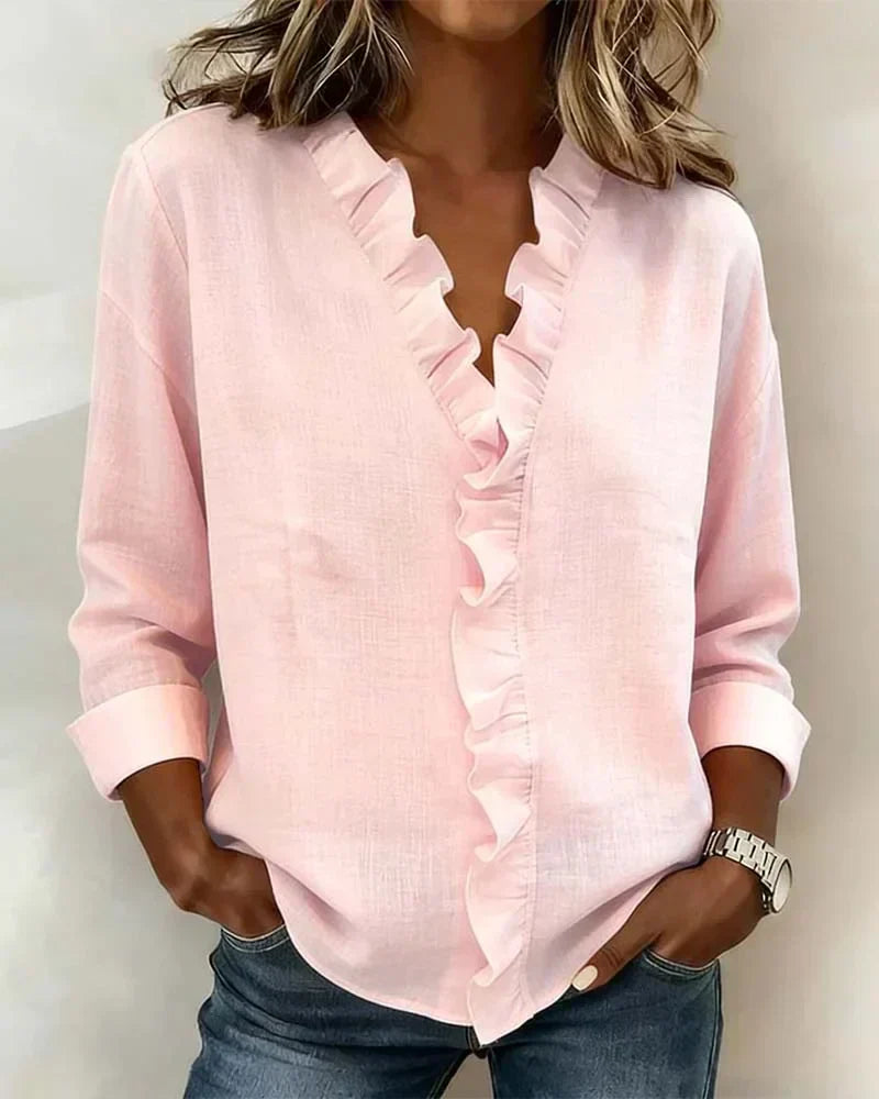 Brinae - Soft-Touch Long-Sleeve Ruffled V-Neck Blouse