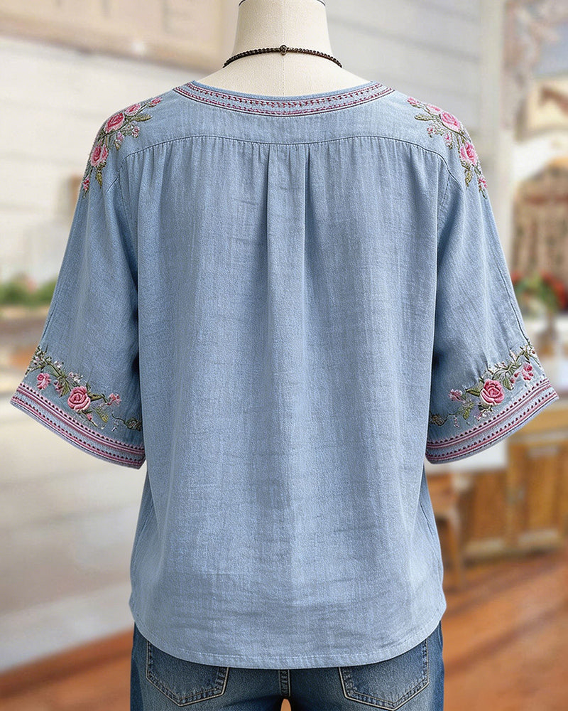 Sage | Floral Embroidery V-Neck Blouse