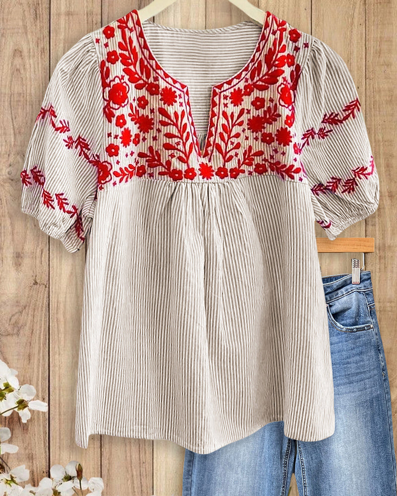 Elena | Floral Embroidery V-Neck Blouse