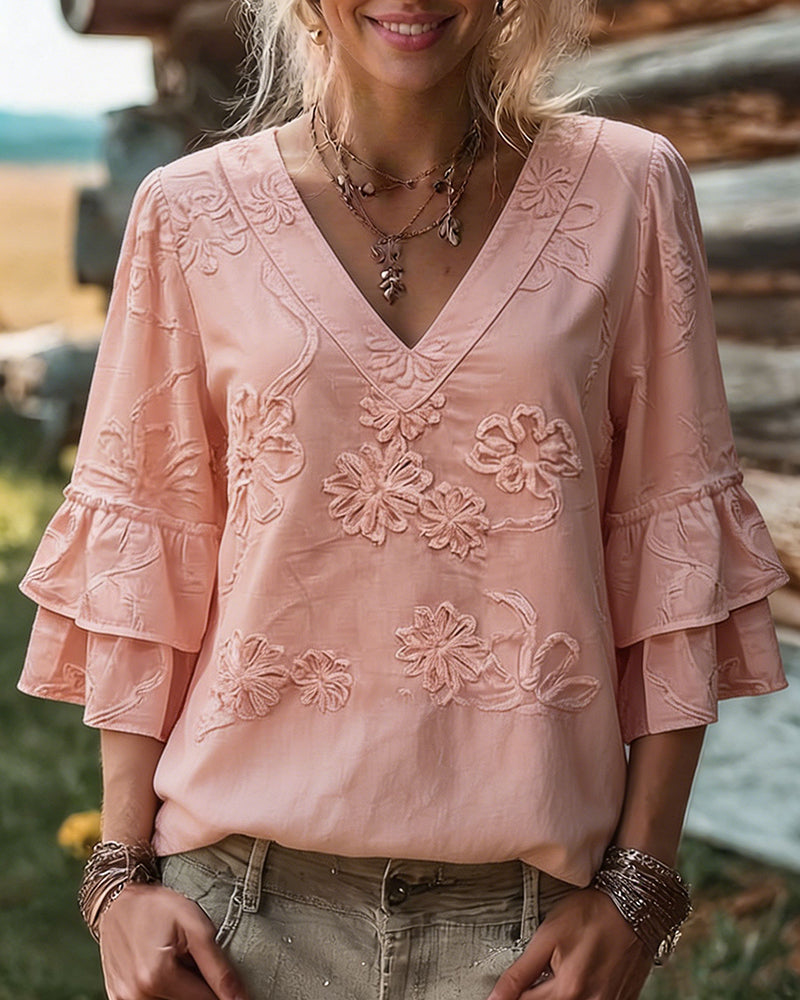 Celeste | Glamorous Ruffle Sleeve V-Neck Blouse
