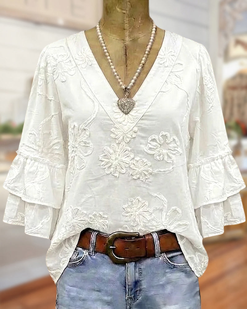 Celeste | Glamorous Ruffle Sleeve V-Neck Blouse