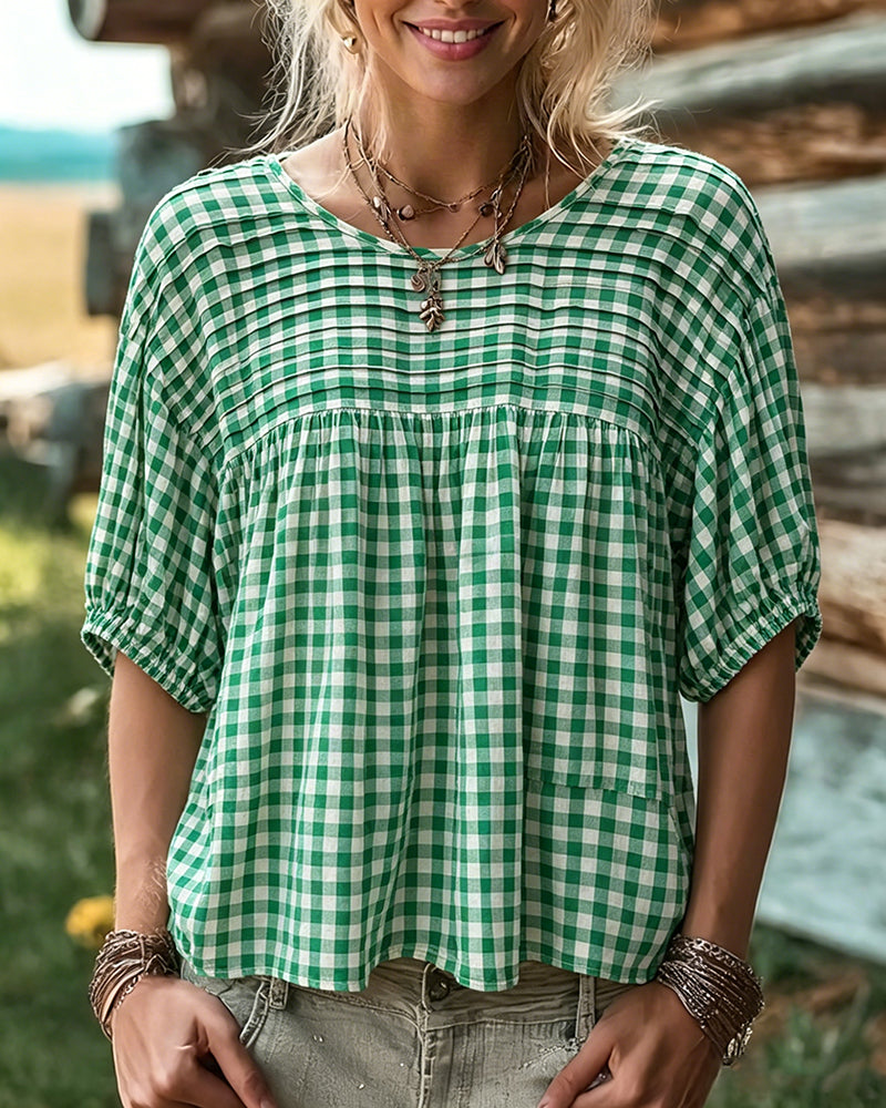 Pippa | Gingham Pleated Round Neck Blouse