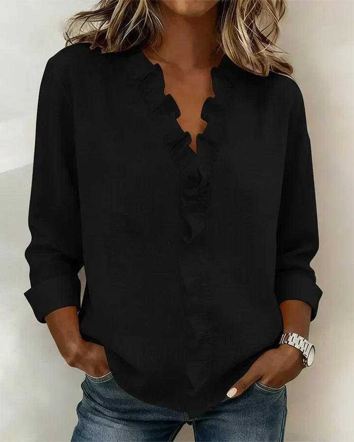 Brinae - Soft-Touch Long-Sleeve Ruffled V-Neck Blouse
