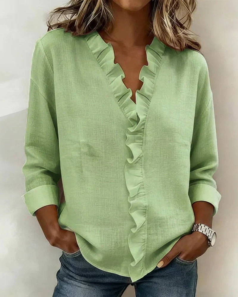 Brinae - Soft-Touch Long-Sleeve Ruffled V-Neck Blouse