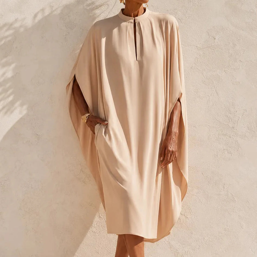 Solenya – Batwing Midi Dress with Keyhole Neckline and Pockets