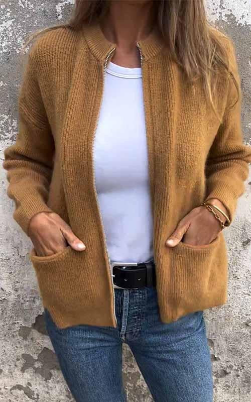Jane - Round Neck Zipper Knitted Jacket