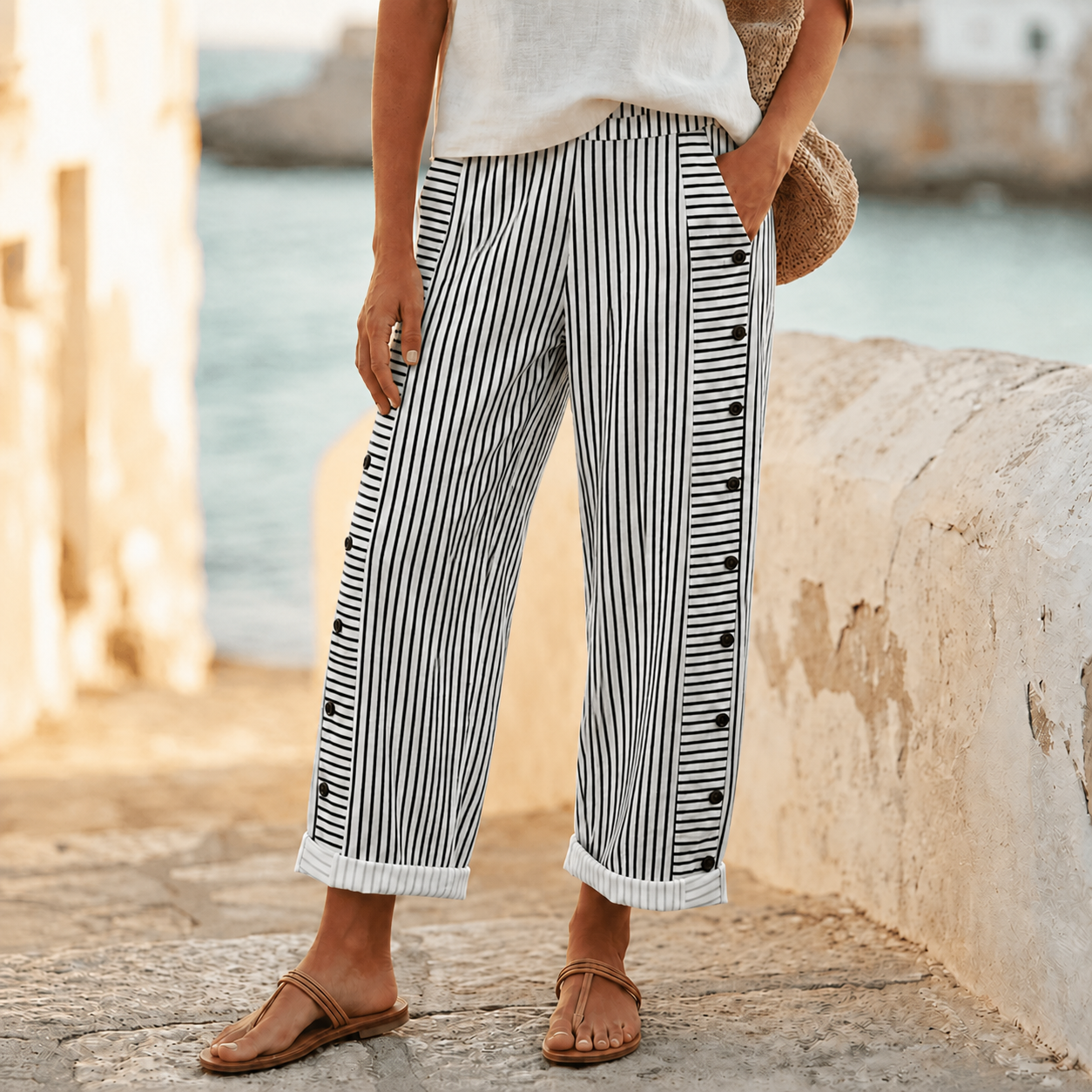Coastlyn – Women's Striped Cotton Pants with Button Trim