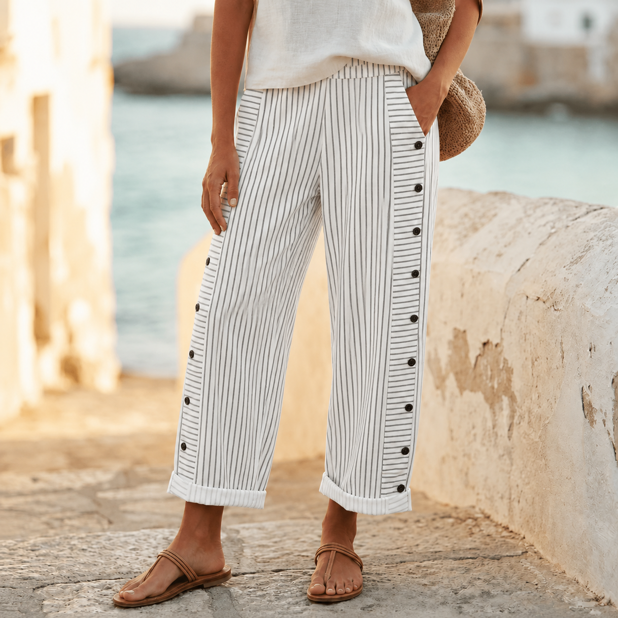 Coastlyn – Women's Striped Cotton Pants with Button Trim
