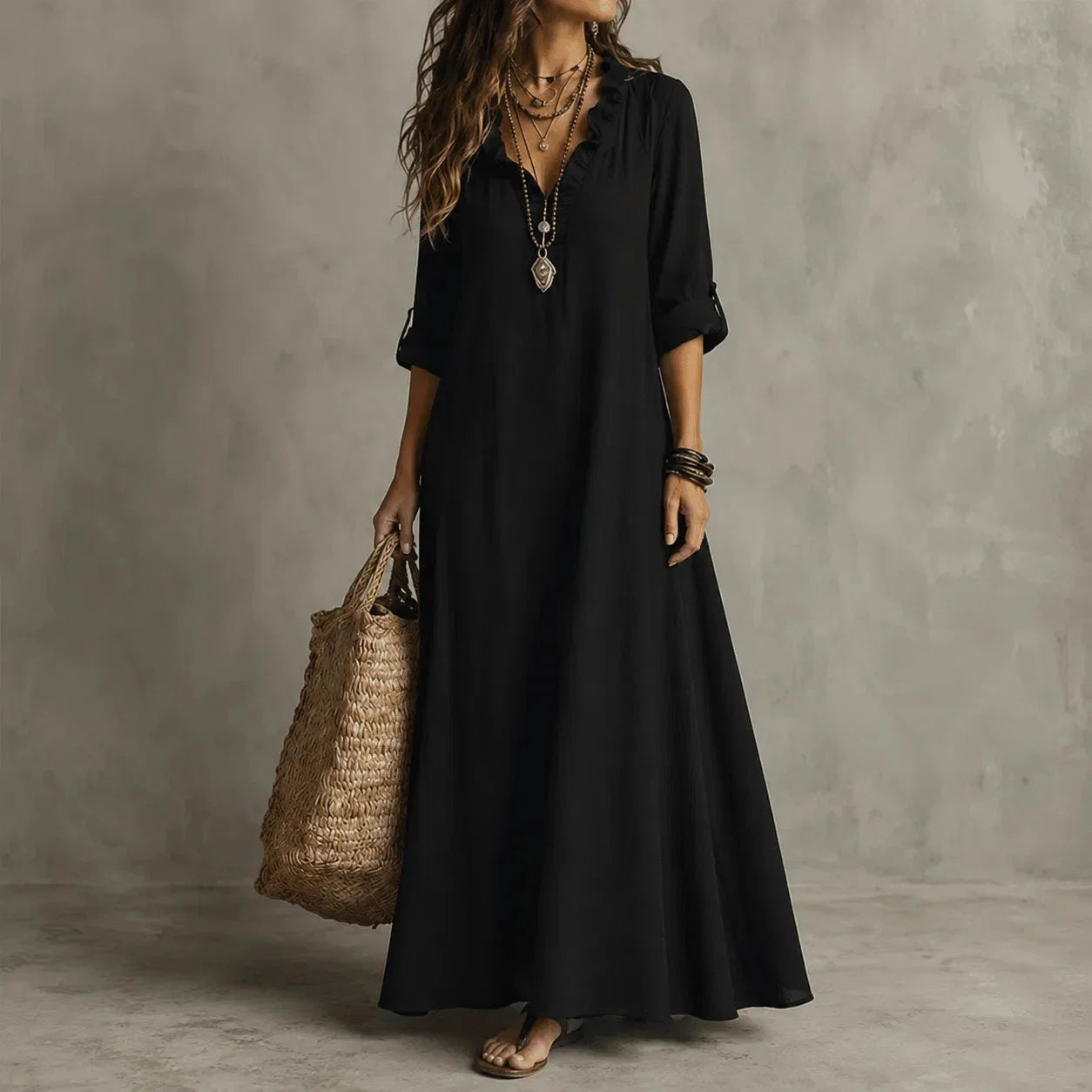 Soléra – Boho Ruffle V-Neck Maxi Dress with Roll-Up Sleeves