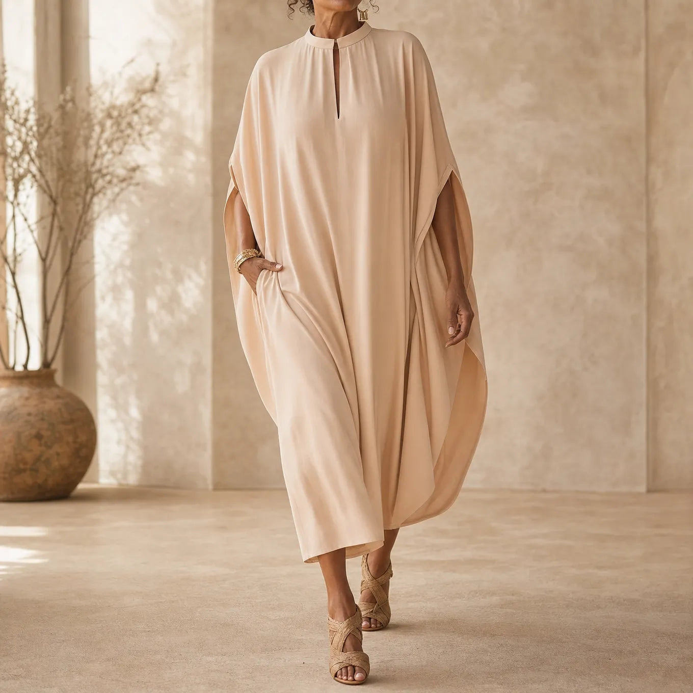 Solenya – Batwing Midi Dress with Keyhole Neckline and Pockets