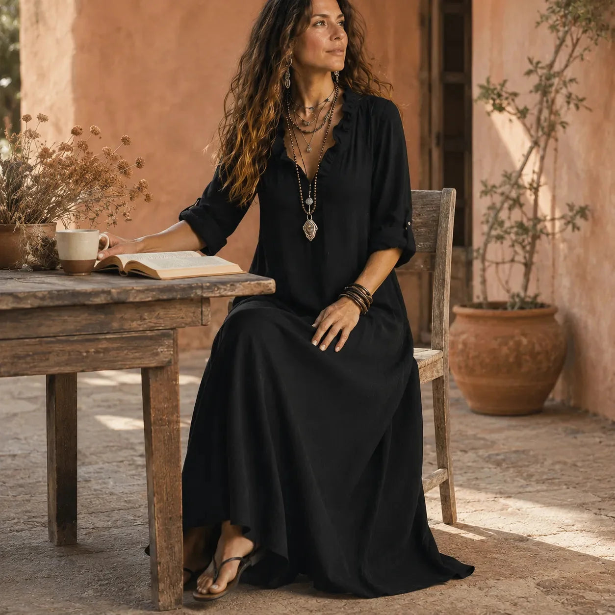 Soléra – Boho Ruffle V-Neck Maxi Dress with Roll-Up Sleeves