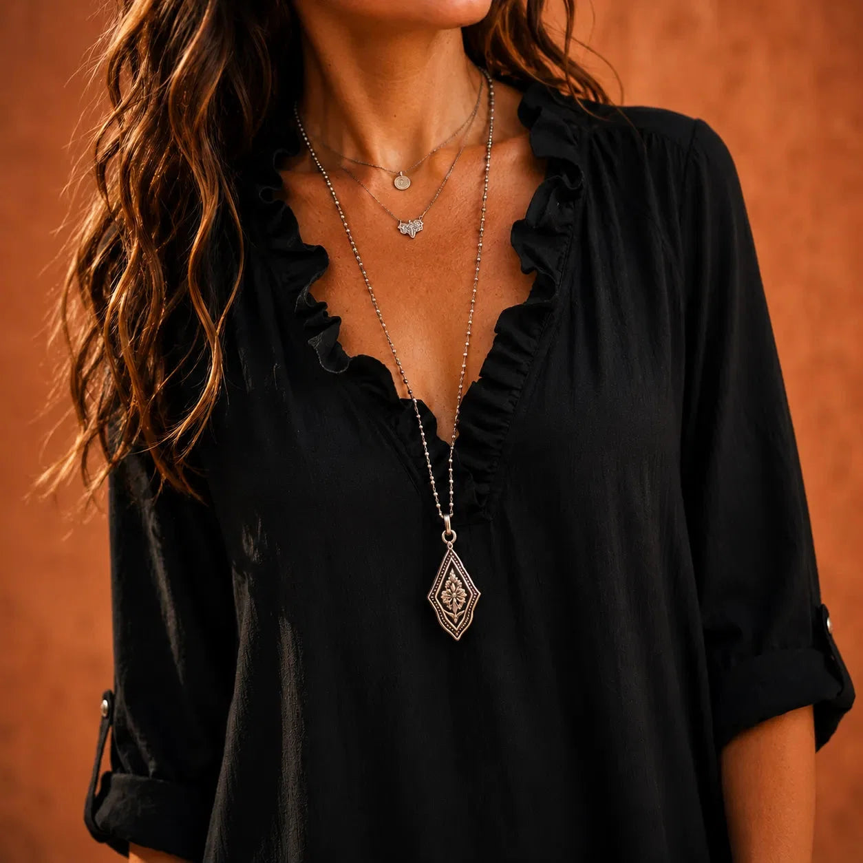 Soléra – Boho Ruffle V-Neck Maxi Dress with Roll-Up Sleeves