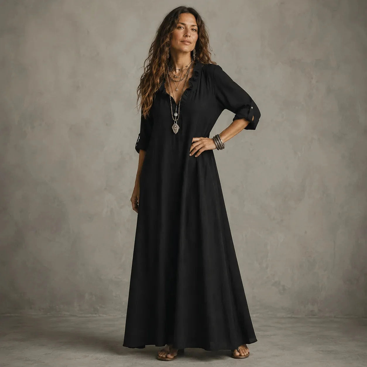 Soléra – Boho Ruffle V-Neck Maxi Dress with Roll-Up Sleeves