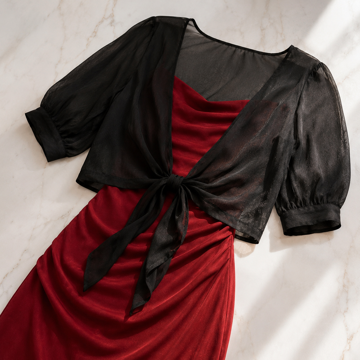 Veluna – Chiffon Tie-Front Top with Puff Sleeves