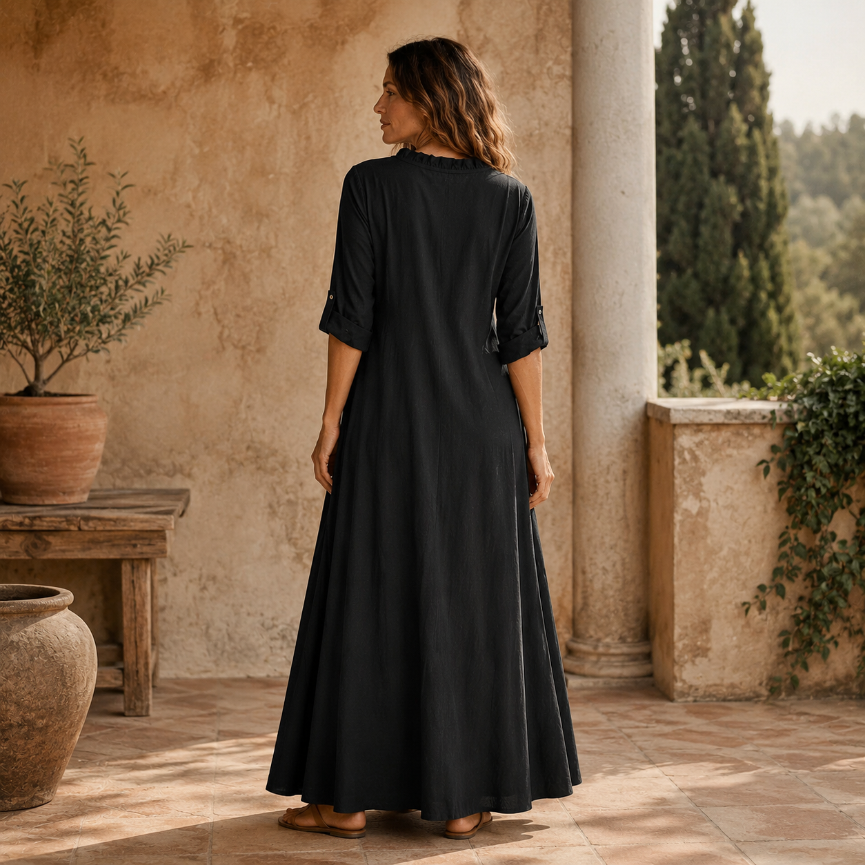 Soléra – Boho Ruffle V-Neck Maxi Dress with Roll-Up Sleeves