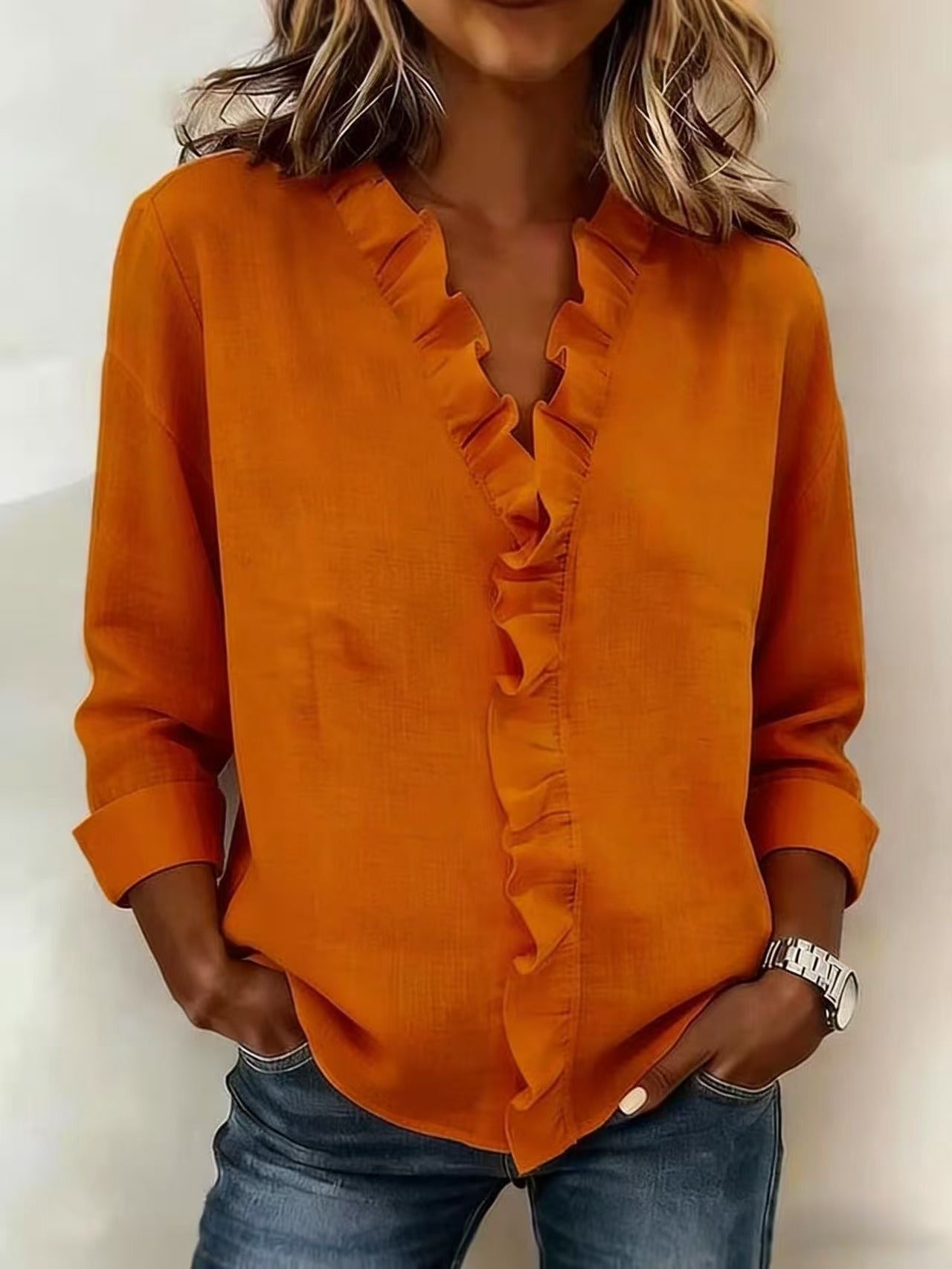 Brinae - Soft-Touch Long-Sleeve Ruffled V-Neck Blouse