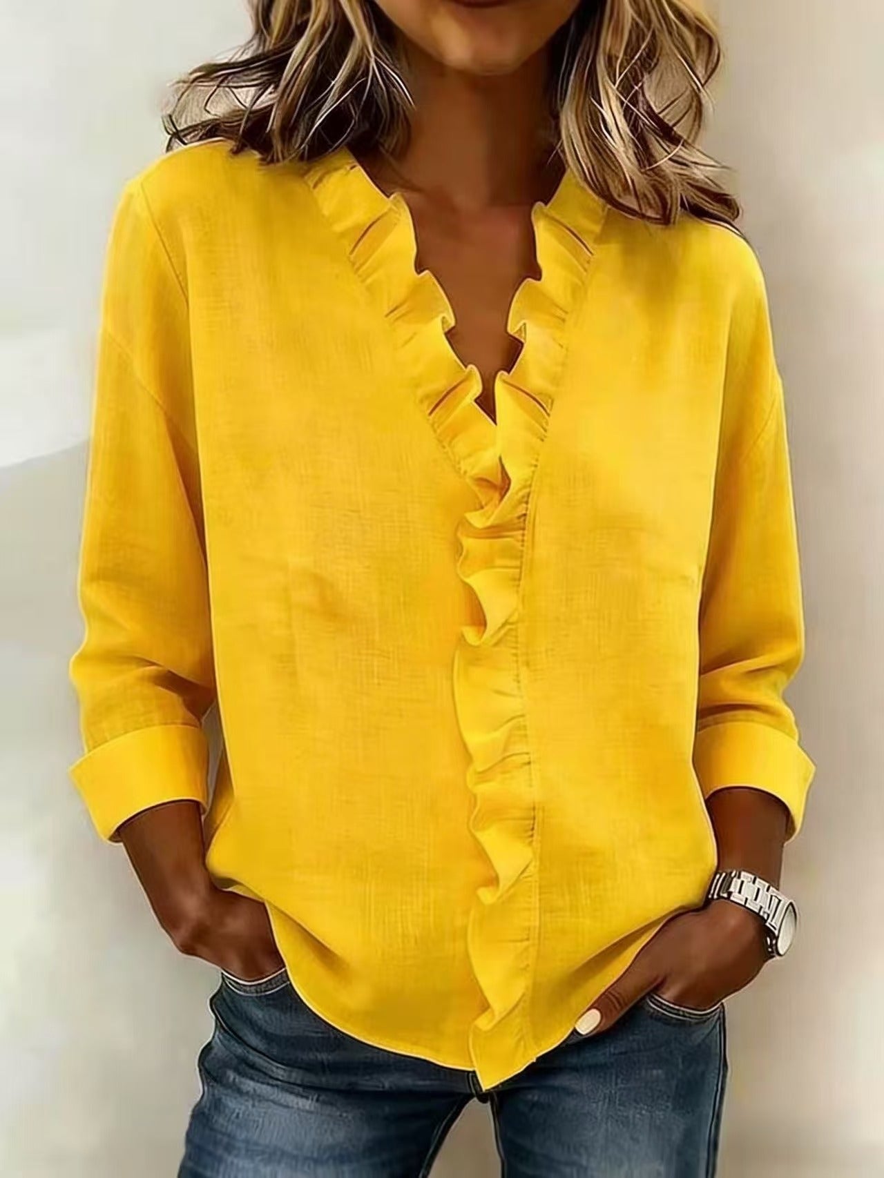 Brinae - Soft-Touch Long-Sleeve Ruffled V-Neck Blouse