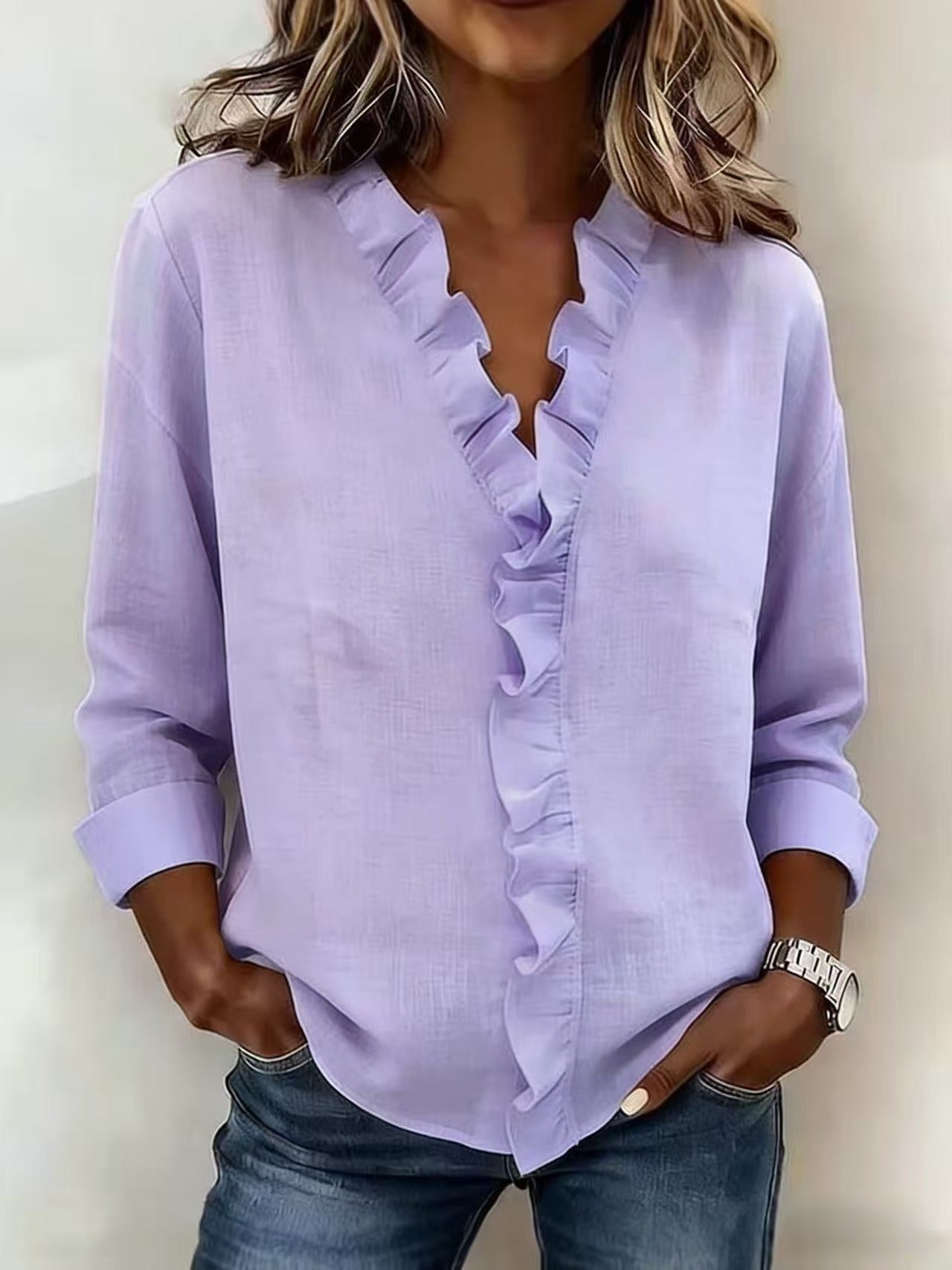 Brinae - Soft-Touch Long-Sleeve Ruffled V-Neck Blouse