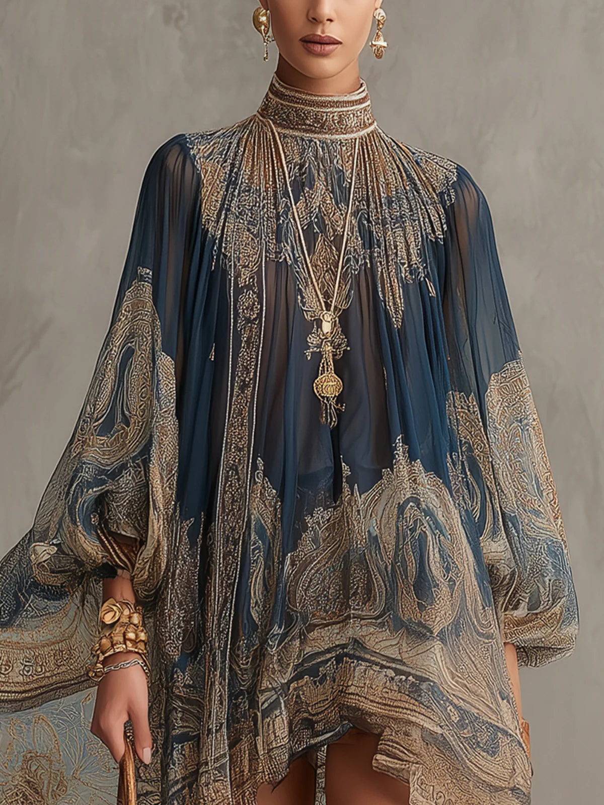 Marianna | Mini dress in navy blue  with golden baroque print