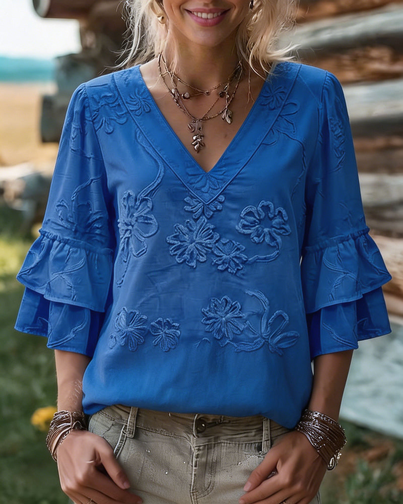Celeste | Glamorous Ruffle Sleeve V-Neck Blouse