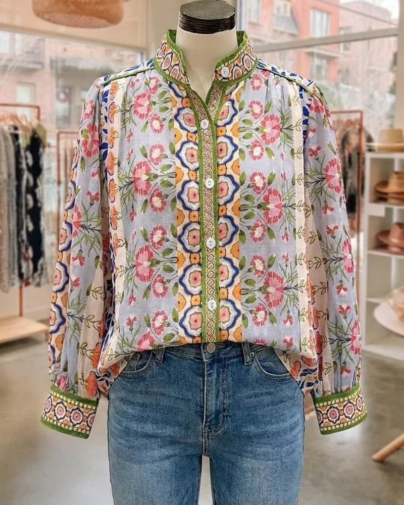 Boho | Mixed Floral Print Button Up Blouse