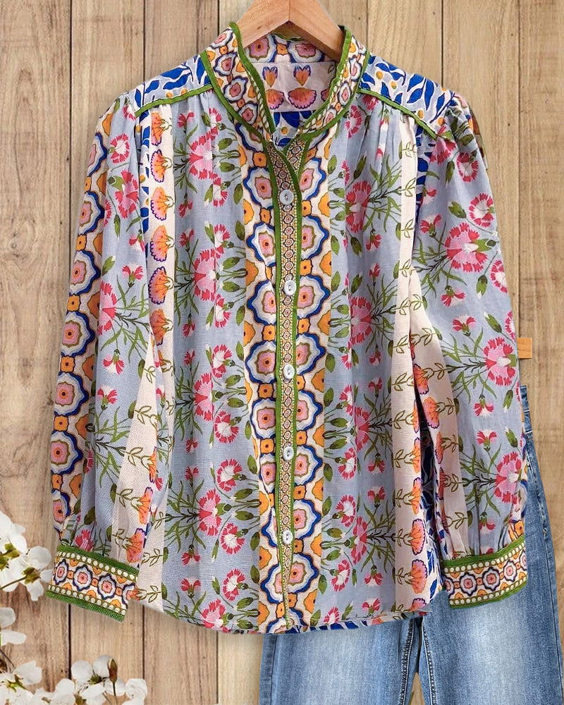 Boho | Mixed Floral Print Button Up Blouse