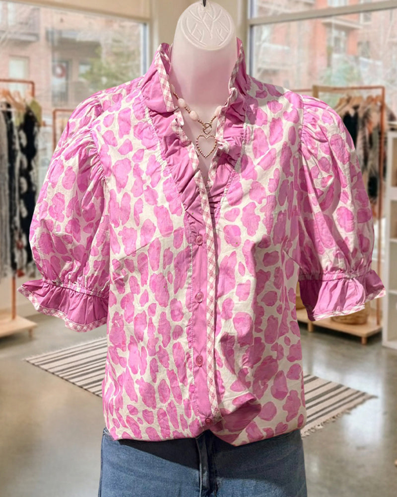 Jade | Leopard Print Ruffle Button Blouse