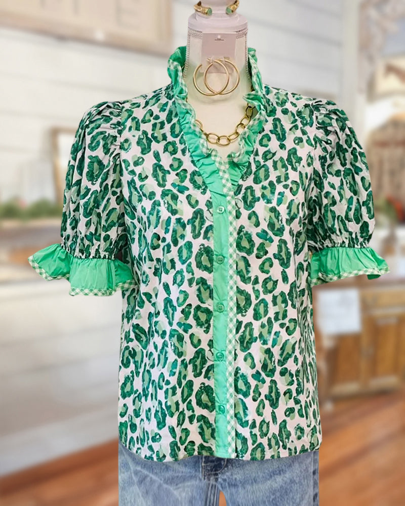 Jade | Leopard Print Ruffle Button Blouse