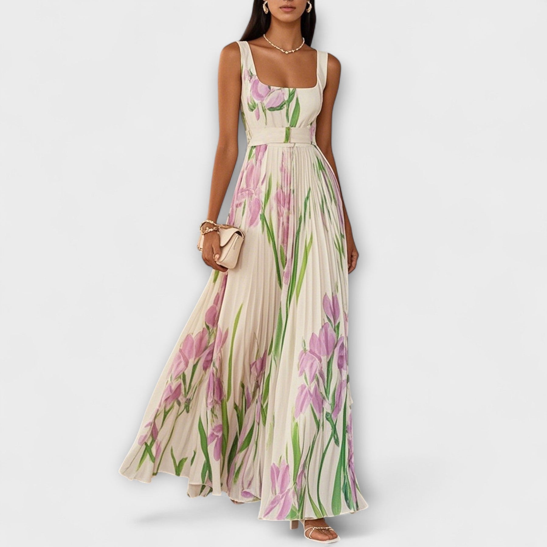 Floral Garden Dress | Spring Chiffon Pleated Maxi