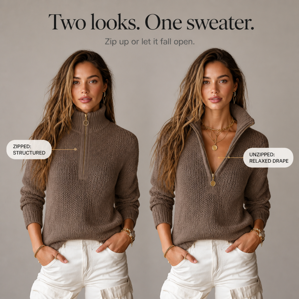 ElevenOra – Half-Zip Collar Textured Knit Sweater