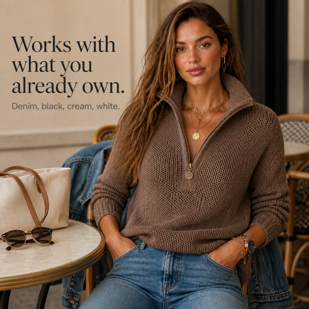 ElevenOra – Half-Zip Collar Textured Knit Sweater