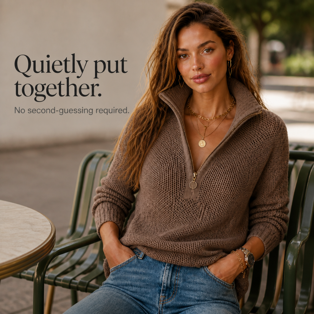 ElevenOra – Half-Zip Collar Textured Knit Sweater