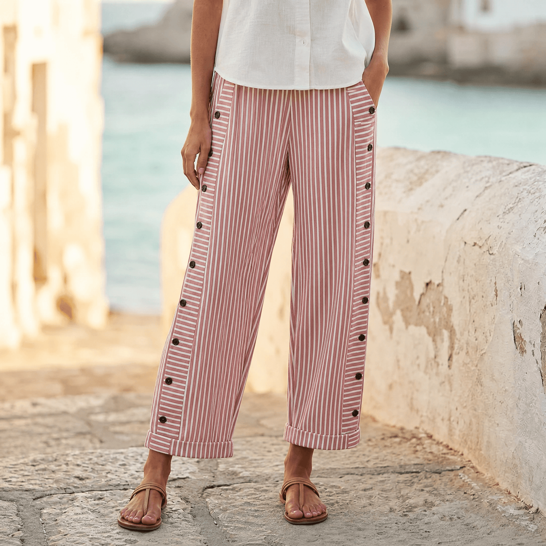 Coastlyn – Women's Striped Cotton Pants with Button Trim