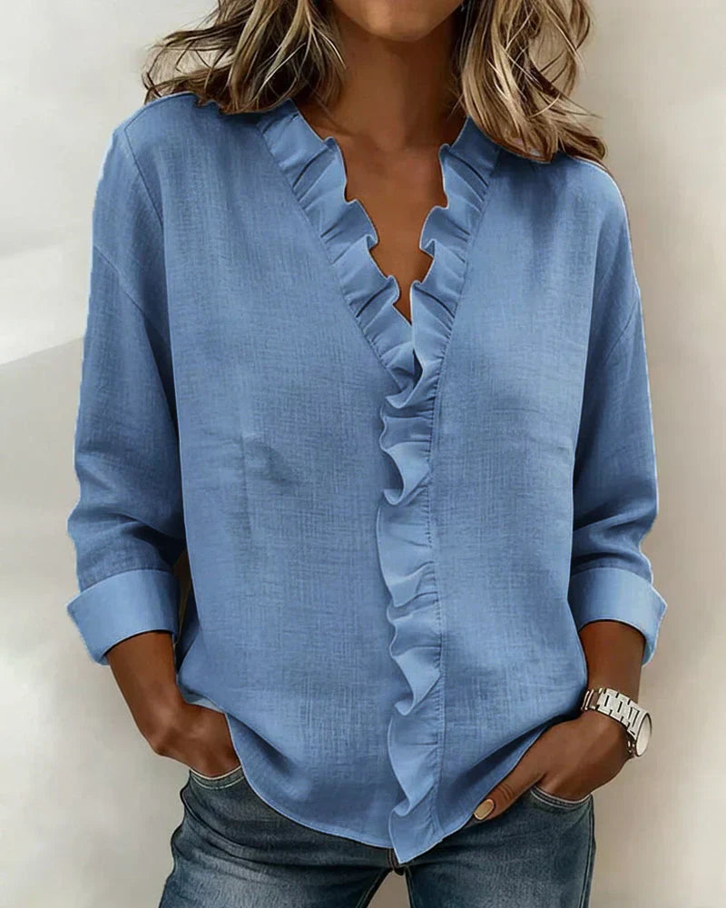 Brinae - Soft-Touch Long-Sleeve Ruffled V-Neck Blouse