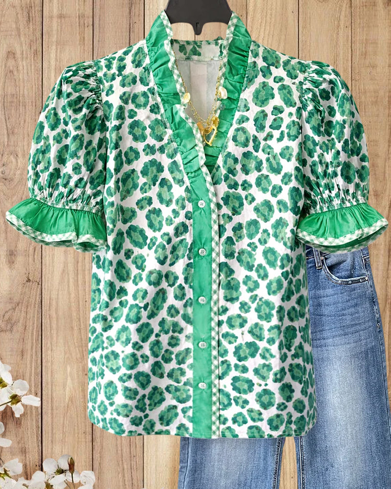 Jade | Leopard Print Ruffle Button Blouse