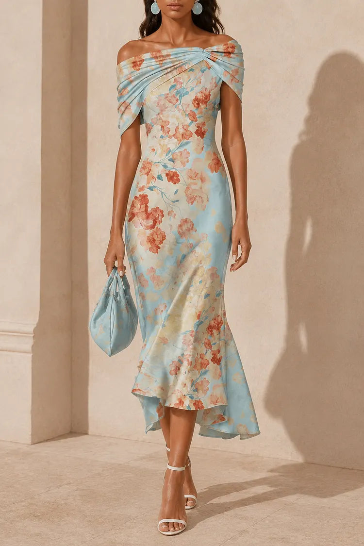 Blue Floral One Shoulder Mermaid Midi Dress