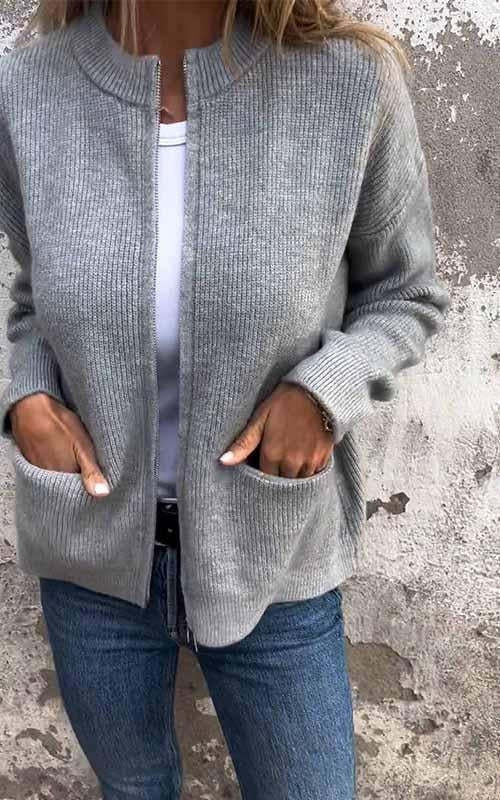 Jane - Round Neck Zipper Knitted Jacket
