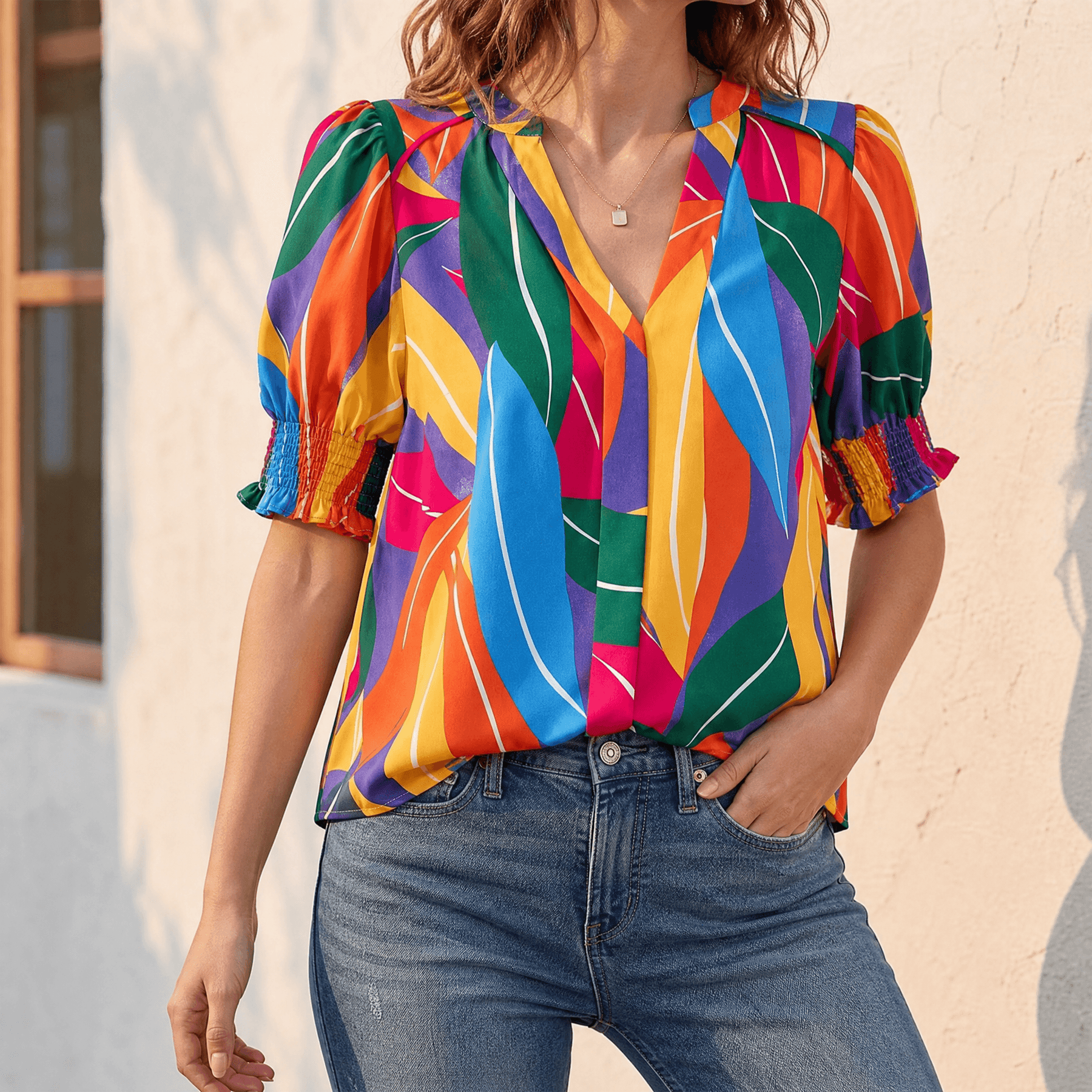 Florenza – Women's Floral Puff Sleeve V-Neck Blouse