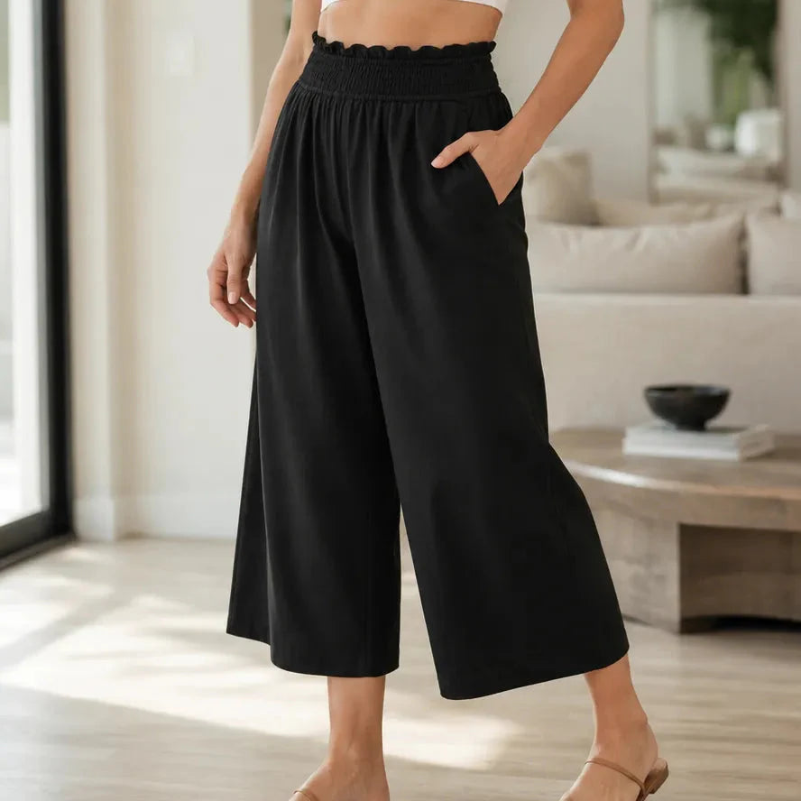 Wearbella – High Waisted Wide Leg Cropped Pants with Smocked Waist