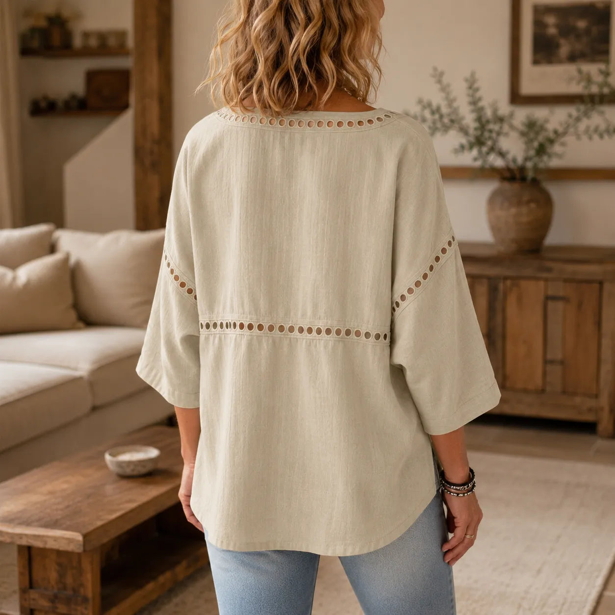 Loralee – Women's Lace Look-Trim Button-Up Blouse with Soft V-Neck Drape