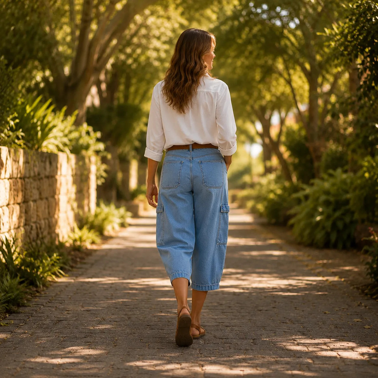 Mayfield – Cropped Barrel Denim look Capris with Cargo Pockets, Stretch Fit