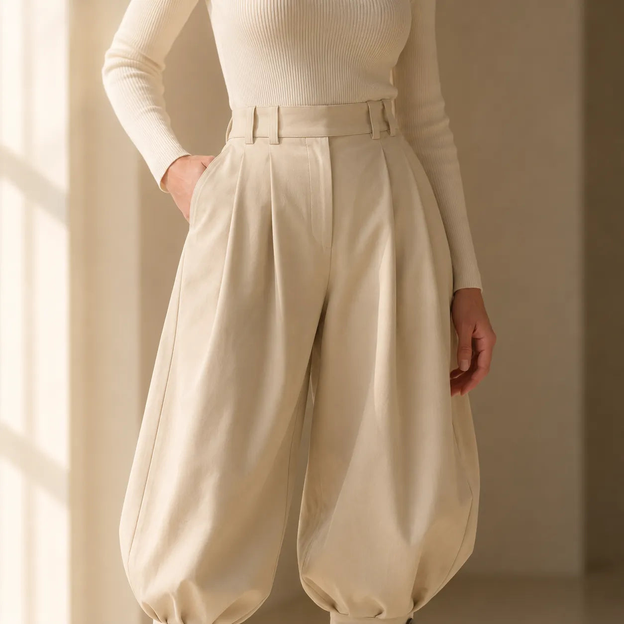 Marlow – Pleated Lantern Wide-Leg Trousers with Bow Cuffs